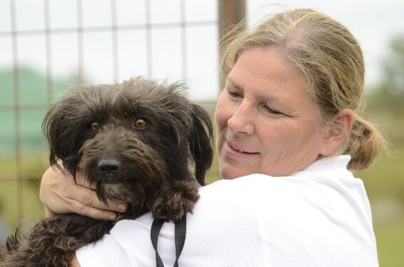 Ehrengast Dr Andrea Kdolsky kuschelt mit einem von unseren Ex- Streunerhunden.